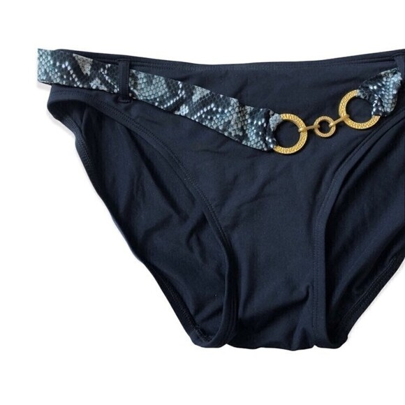 Coco Reef Bikini Swim Bottoms Solid Black Snake Print Belt Gold Hardware L NWT - Picture 2 of 7
